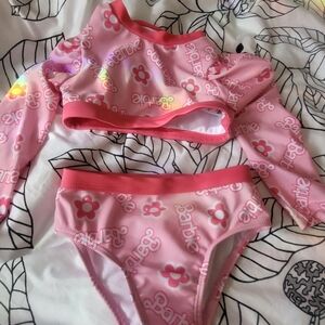 Barbie Pink Girls' Long-Sleeve Rash Guard Bikini Set